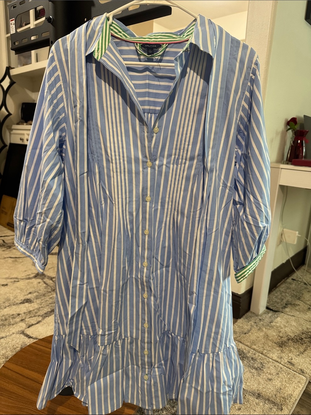 Nautica Blue and White Striped Button-Front Shirt Dress with Green Accent